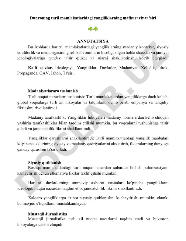 Dunyoning turli mamlakatlaridagi yangiliklarning mafkuraviy taʼsiri
