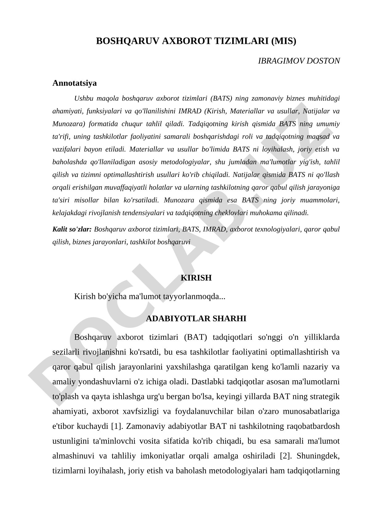 Boshqaruv axborot tizimlari (BATS) ning zamonaviy biznes muhitidagi ahamiyati