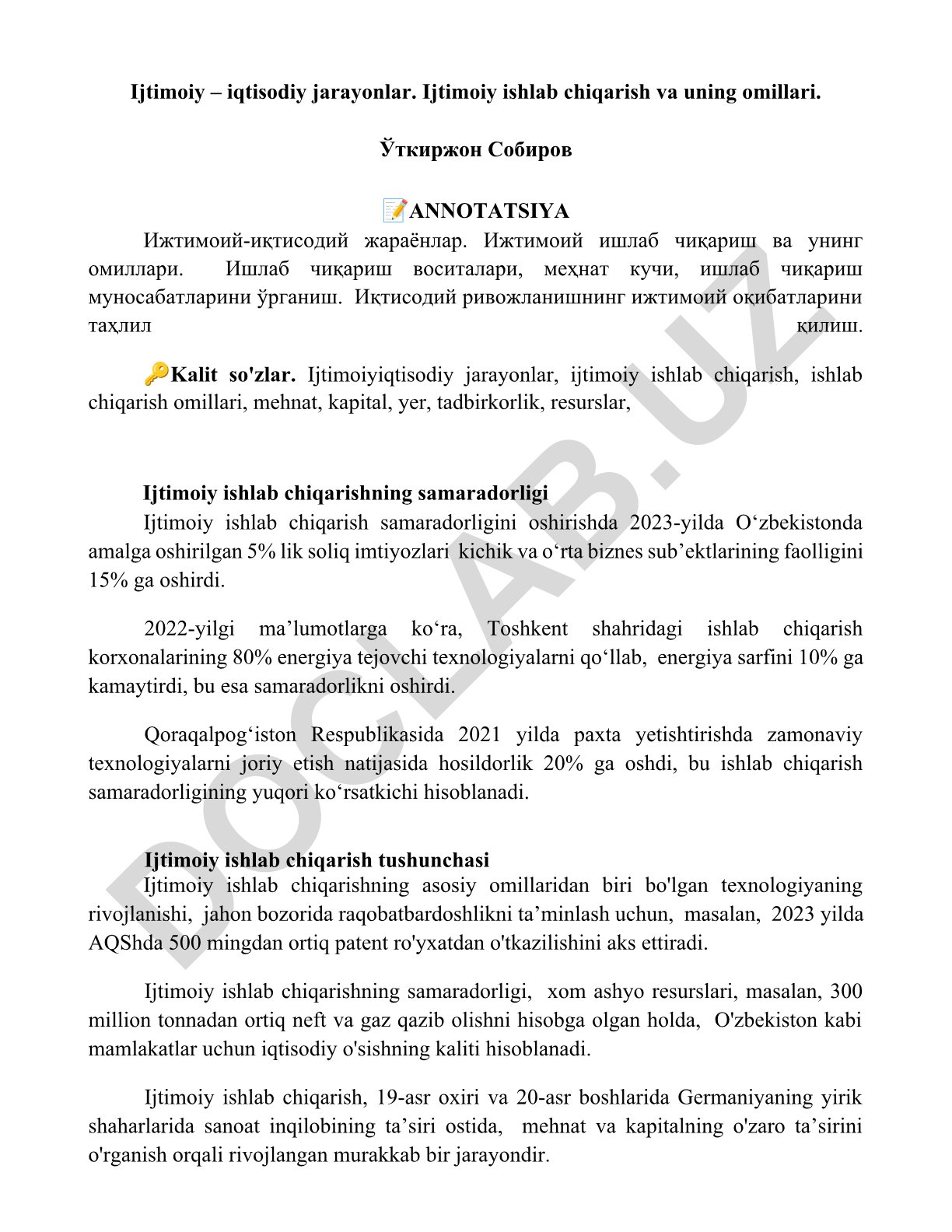 Ijtimoiy-iqtisodiy jarayonlar va ijtimoiy ishlab chiqarish omillari