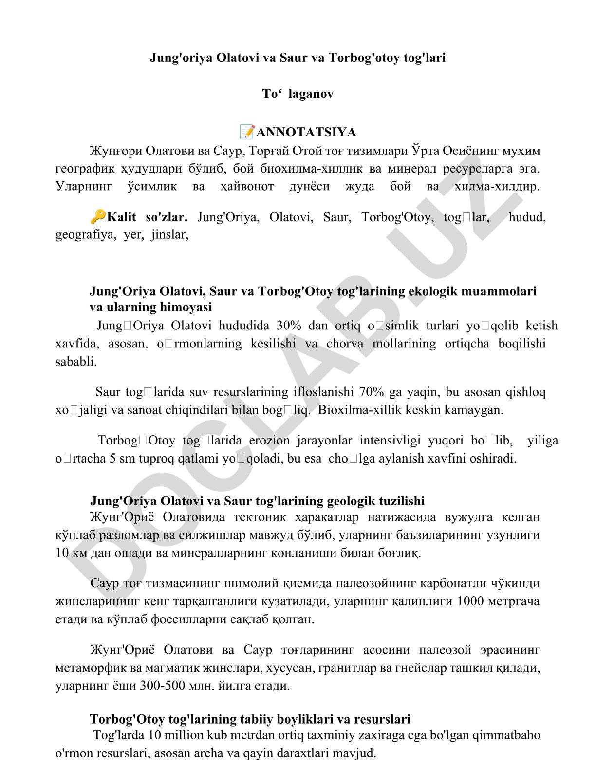 Jung'Oriya Olatovi va Saur va Torbog'otoy tog'larining ekologik muammolari va geologik tuzilishi