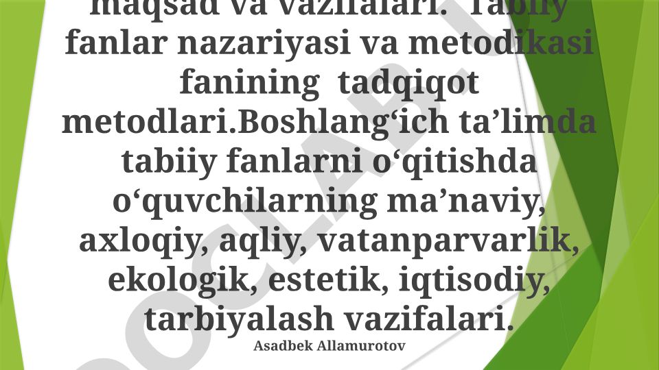 Tabiiy fanlar nazariyasi va metodikasi fanining predmeti, maqsad va vazifalari