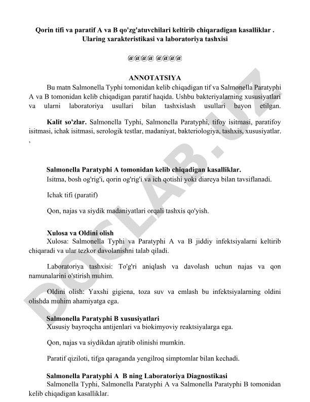 Qorin tifi va paratif A va B qo'zg'atuvchilari, xususiyatlari va laboratoriya tashxisi
