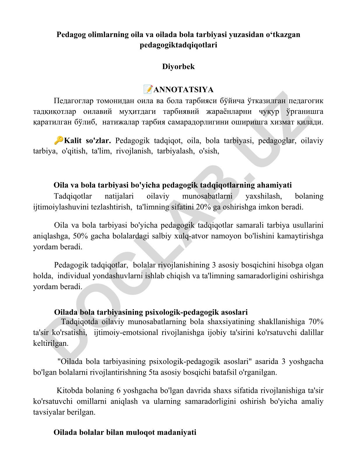 Oila va bola tarbiyasi bo'yicha pedagogik tadqiqotlarning ahamiyati