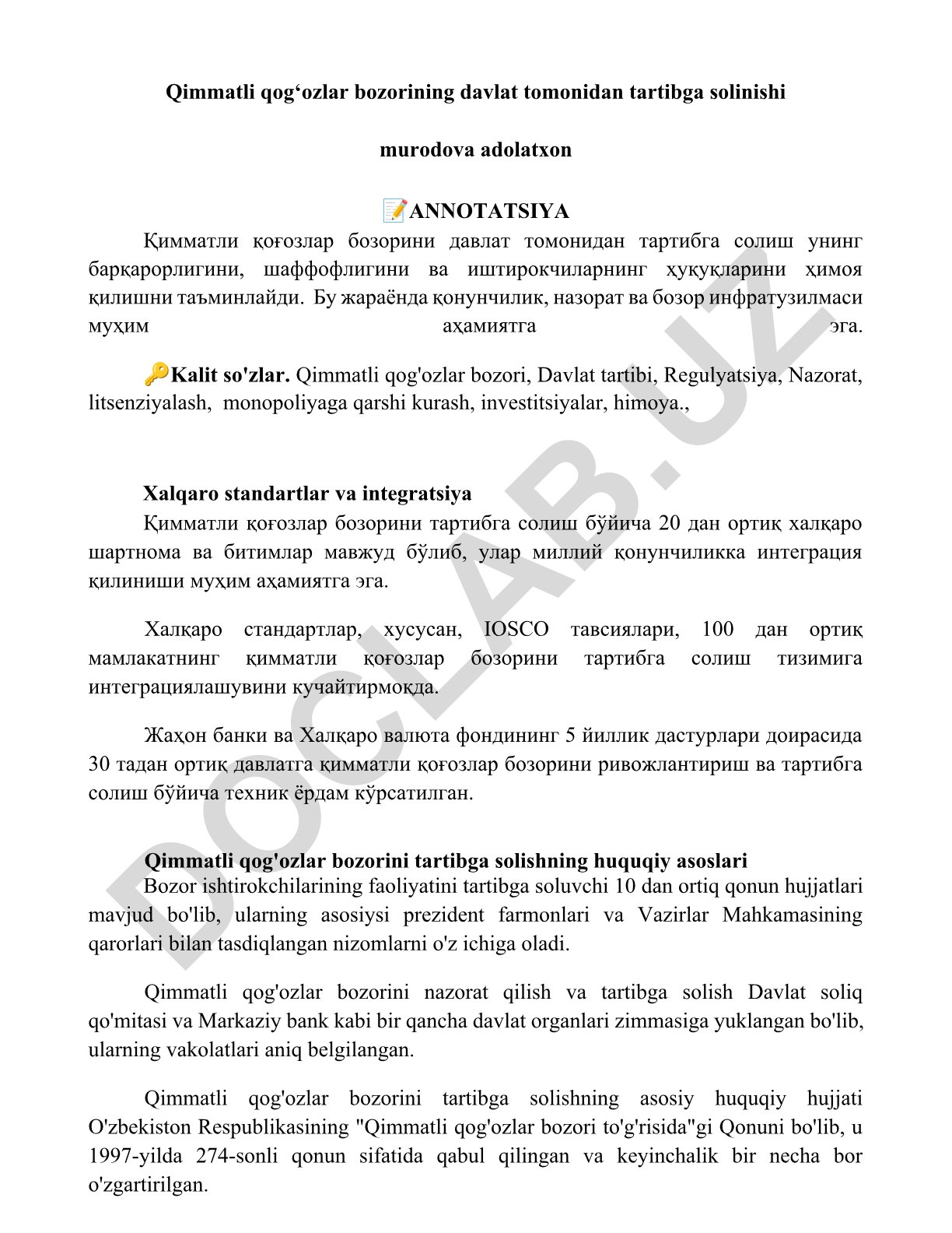 Qimmatli qog‘ozlar bozorining davlat tomonidan tartibga solinishi