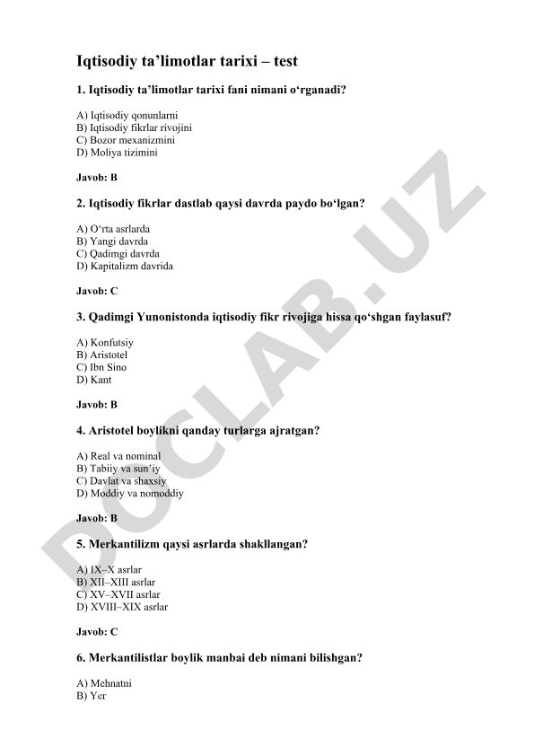 Iqtisodiy ta’limotlar tarixi test savollari