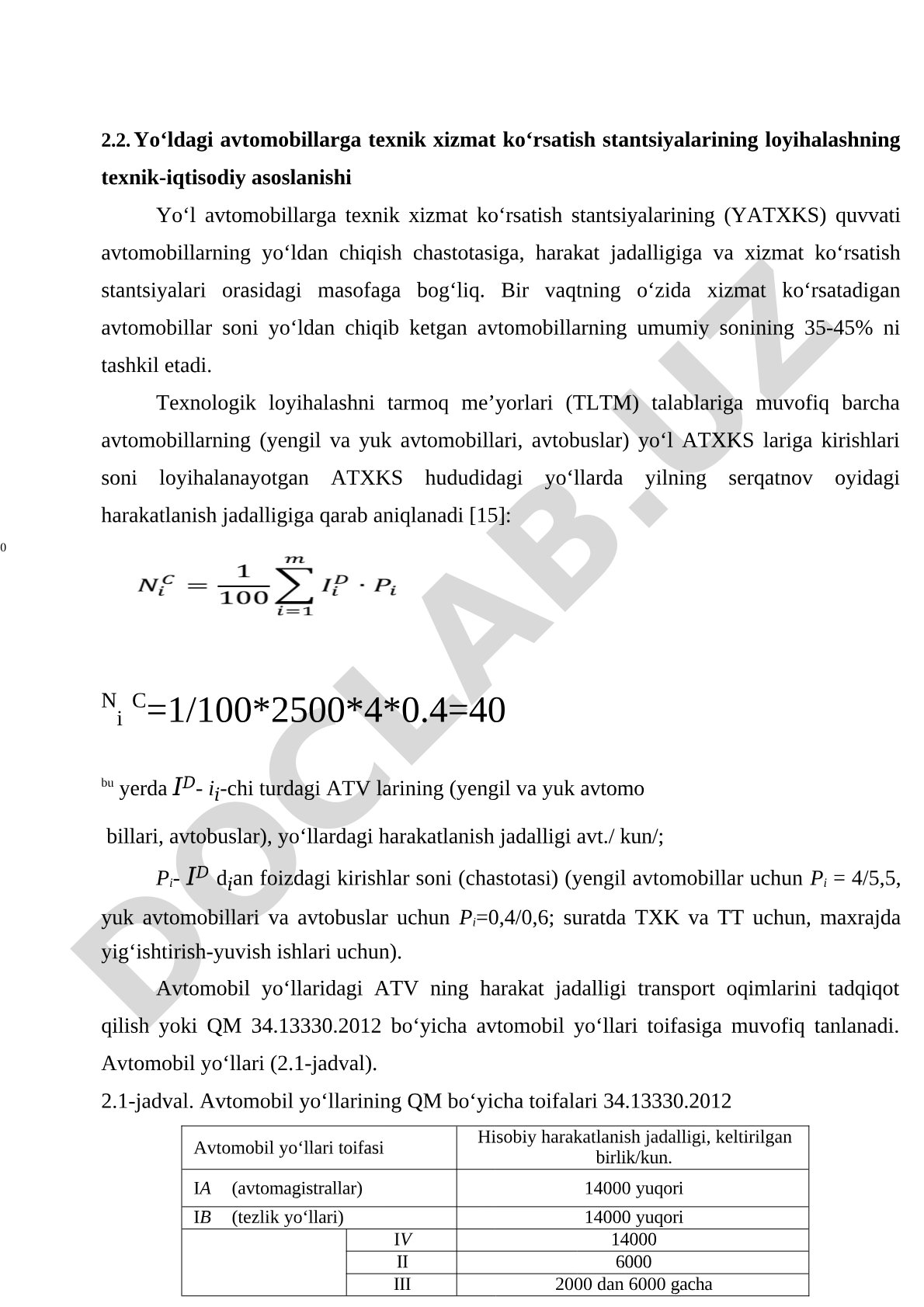 Yo‘ldagi avtomobillarga texnik xizmat ko‘rsatish stantsiyalarining loyihalashning texnik-iqtisodiy asoslanishi
