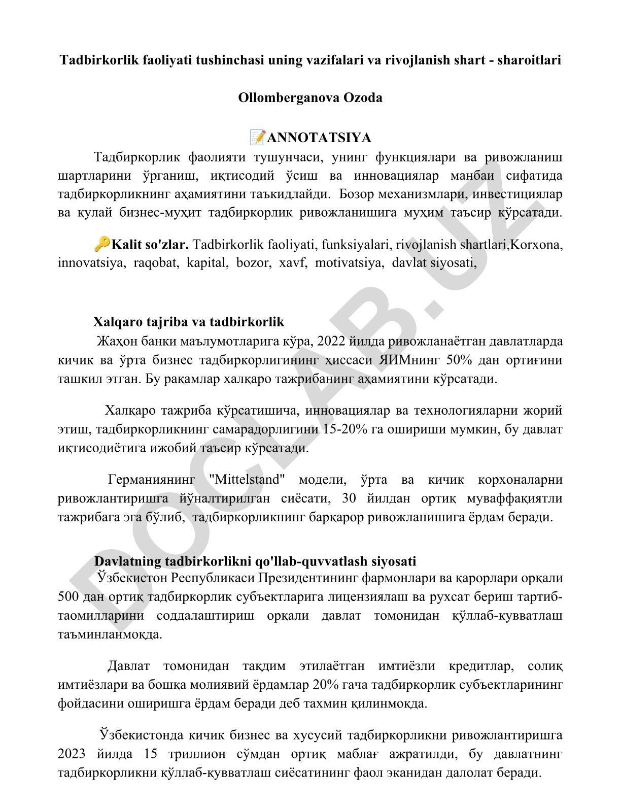 Tadbirkorlik faoliyati tushinchasi, vazifalari va rivojlanish shart-sharoitlari