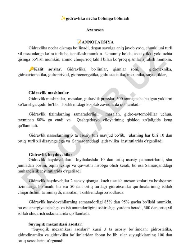 Gidravlika bo'limlari va ularning tasnifi