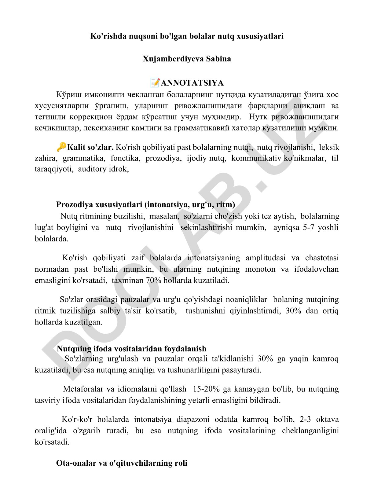 Ko'rishda nuqsoni bo'lgan bolalar nutq xususiyatlari