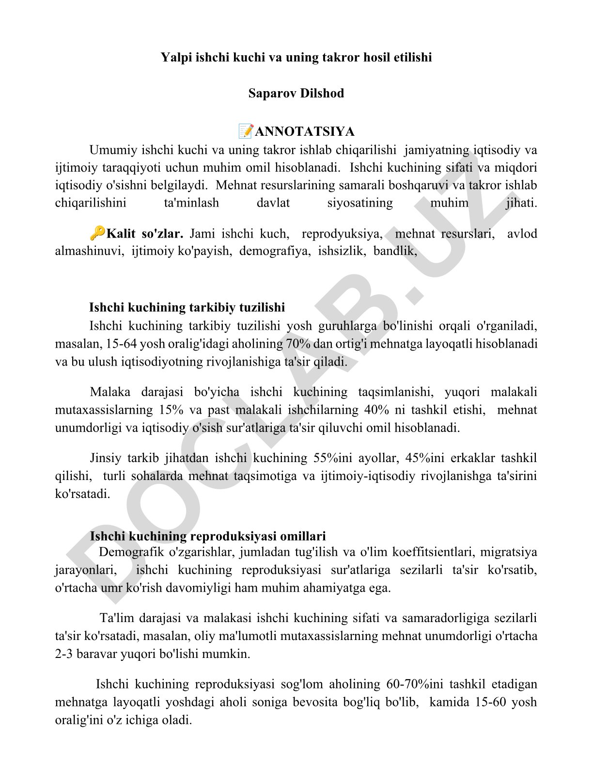 Yalpi ishchi kuchi va uning takror hosil etilishi