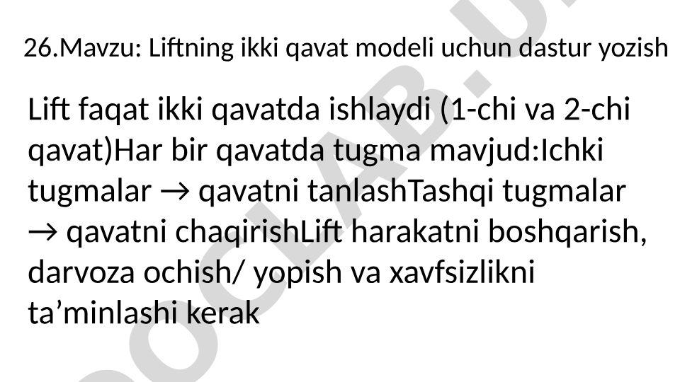 Liftning ikki qavat modeli uchun dastur yozish, Konveyer lentalarini taymer yordamida boshqarish, Oziq-ovqat ishlab chiqarishda aralashtirgichni boshqarish dasturi