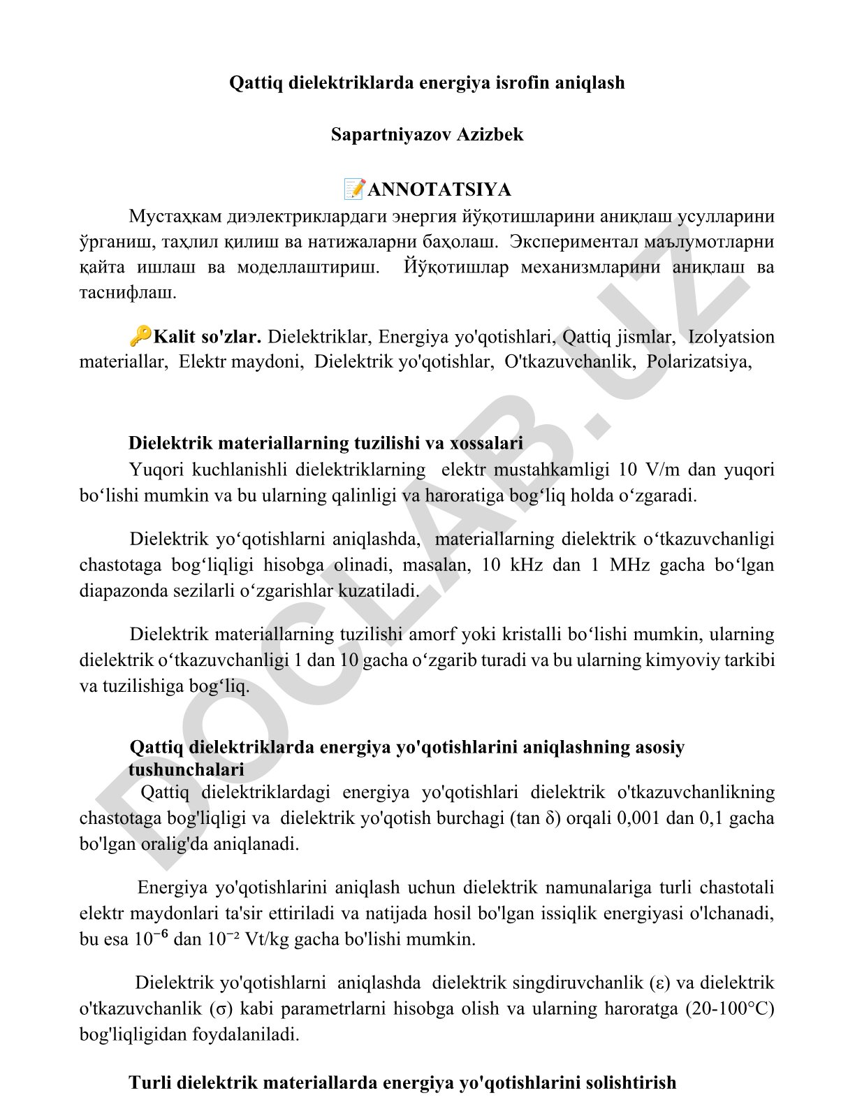 Qattiq dielektriklarda energiya yo'qotishlarini aniqlash