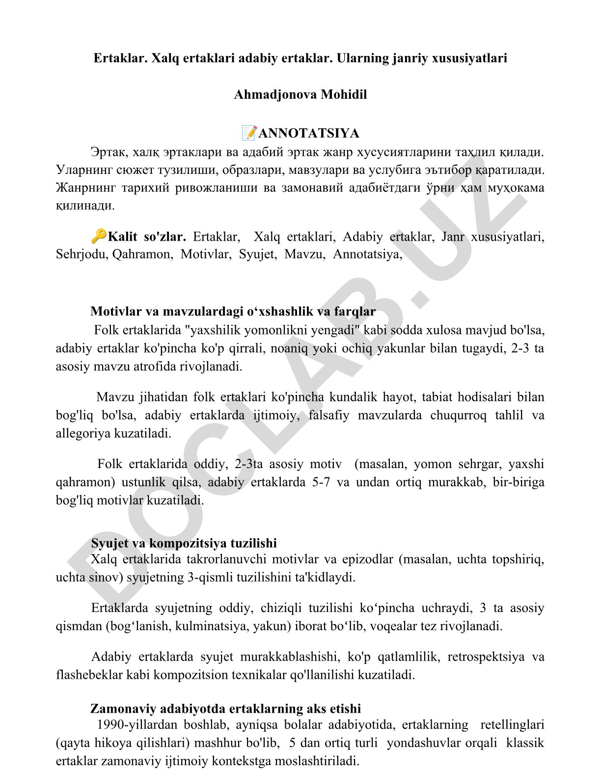 Ertaklar, xalq ertaklari va adabiy ertaklarning janriy xususiyatlari