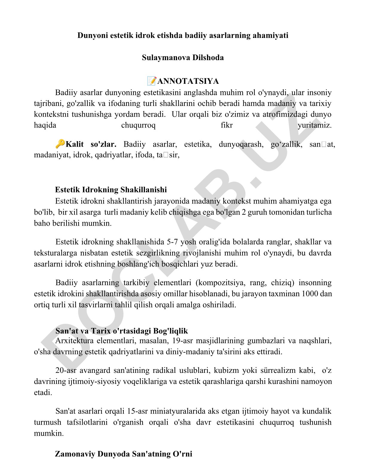 Dunyoni estetik idrok etishda badiiy asarlarning ahamiyati