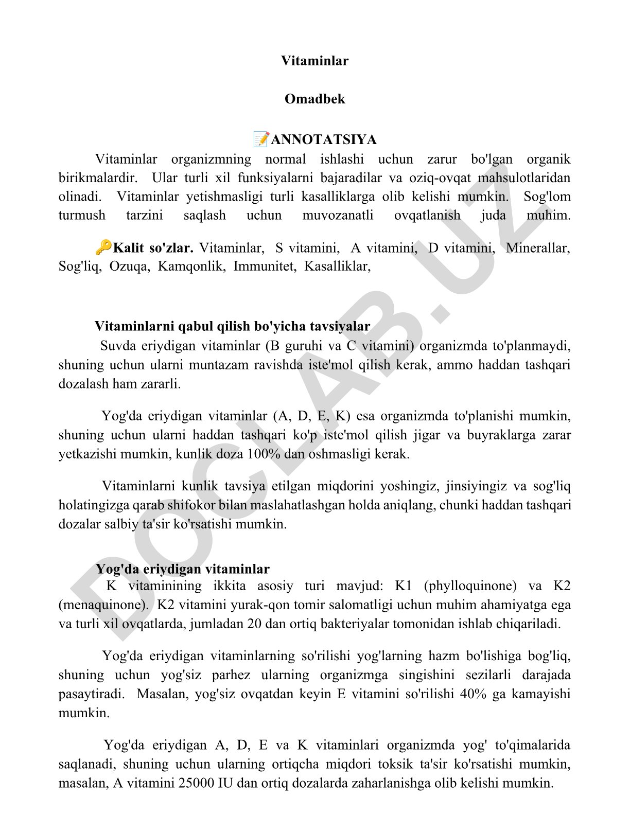 Vitaminlar va ularning organizm uchun ahamiyati