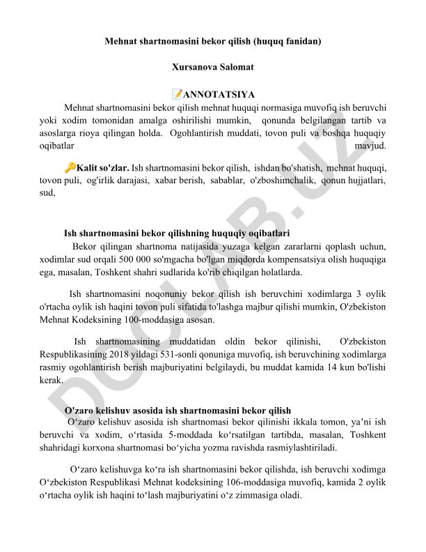 Mehnat shartnomasini bekor qilish (huquq fanidan)