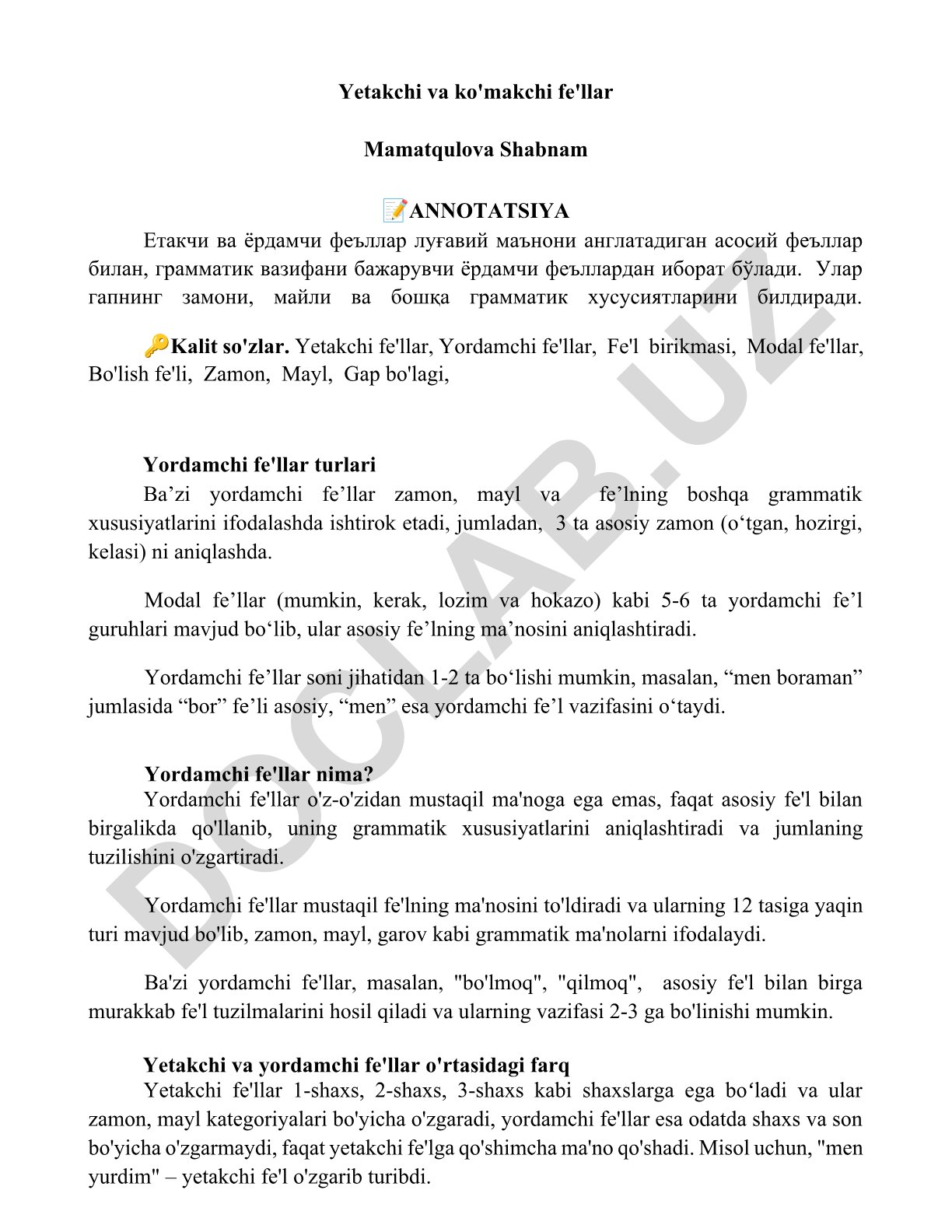 Yetakchi va yordamchi fe'llar tahlili