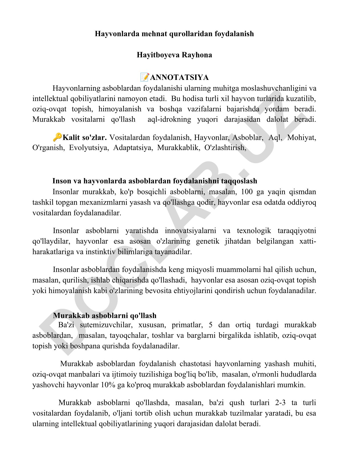 Hayvonlarda mehnat qurollaridan foydalanish