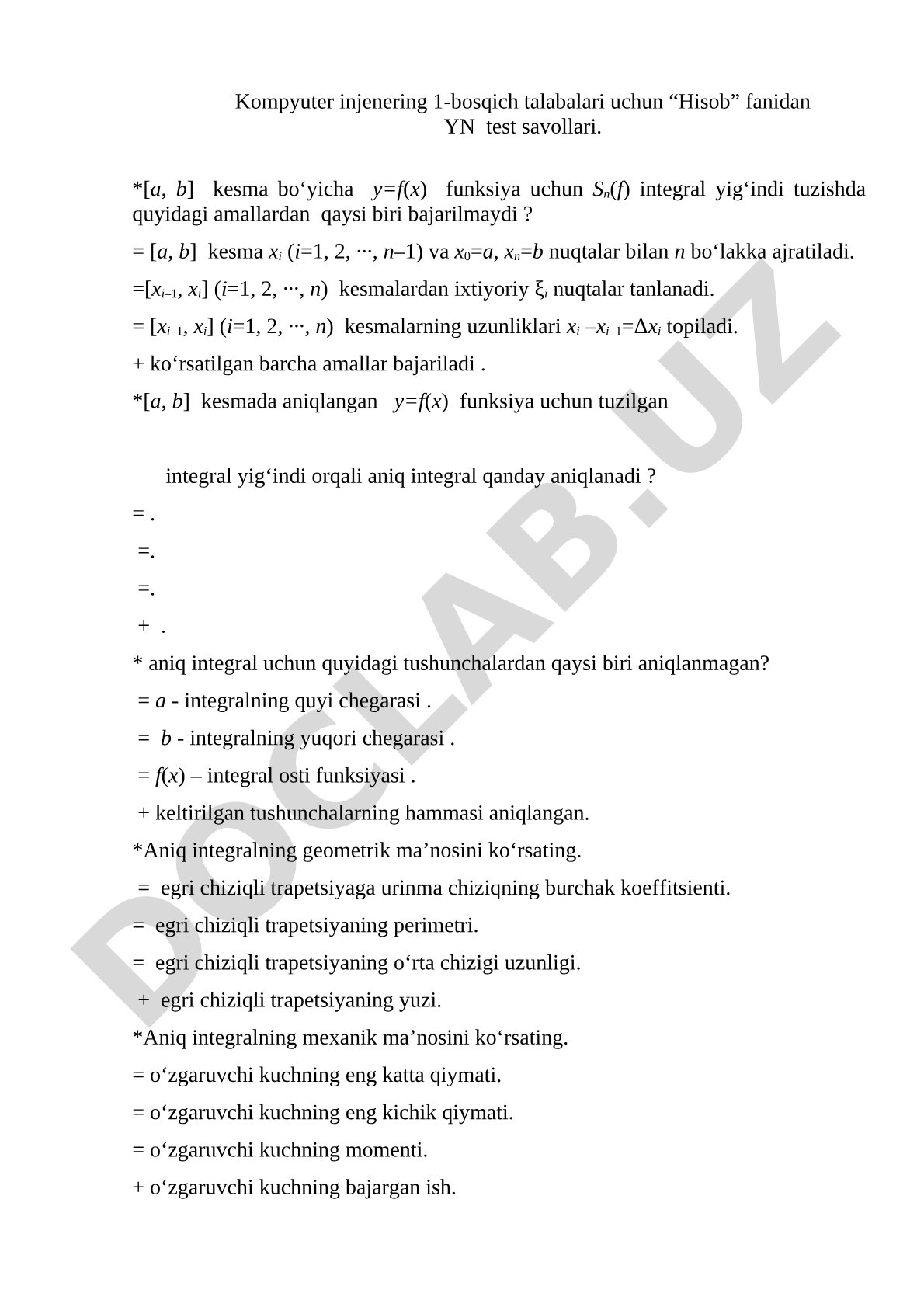 Hisob fanidan YN test savollari