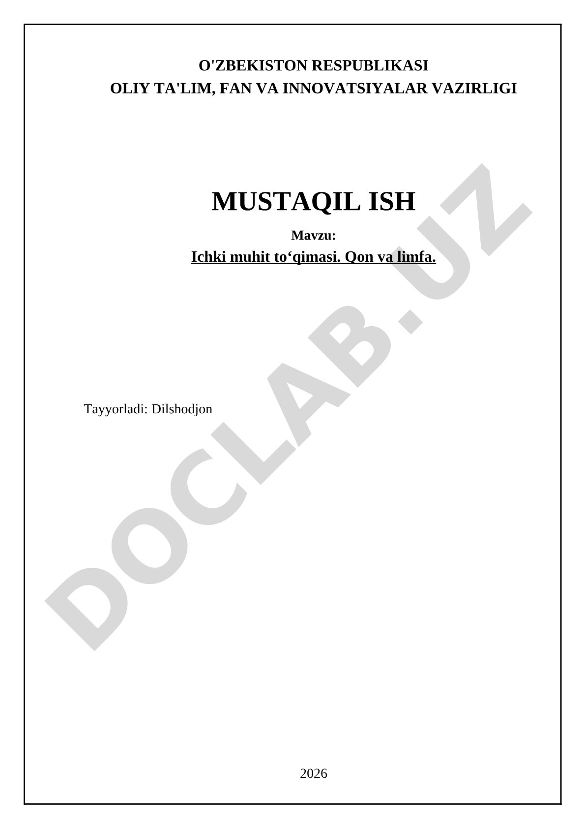 Ichki muhit toʻqimasi. Qon va limfa