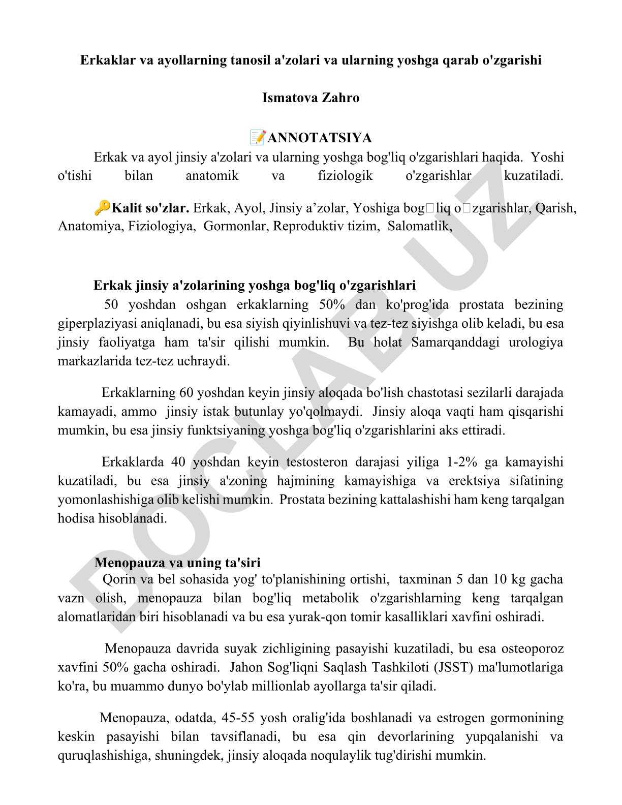 Erkaklar va ayollarning tanosil a'zolari va ularning yoshga qarab o'zgarishi
