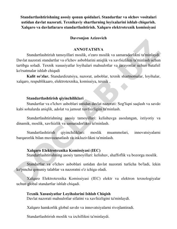 Standartlashtirishning asosiy qonun qoidalari va davlat nazorati