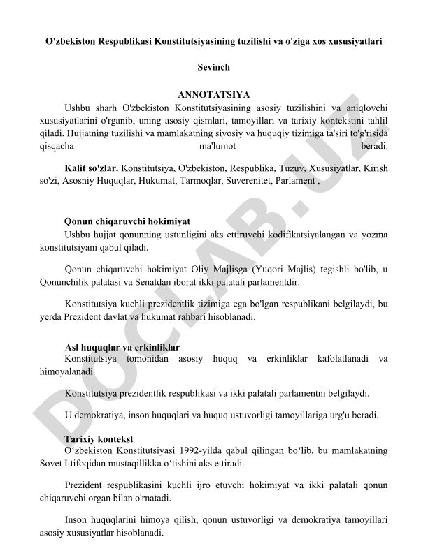 O'zbekiston Respublikasi Konstitutsiyasining tuzilishi va o'ziga xos xususiyatlari