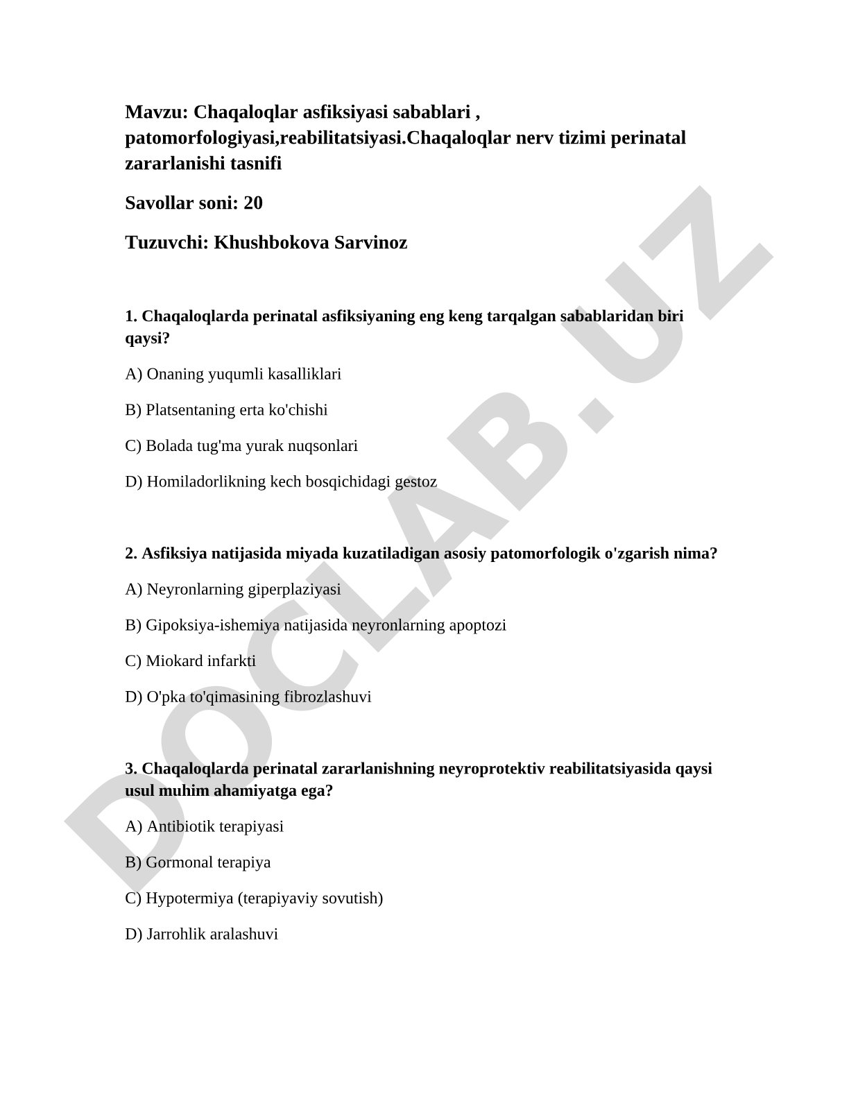 Chaqaloqlar asfiksiyasi sabablari, patomorfologiyasi, reabilitatsiyasi