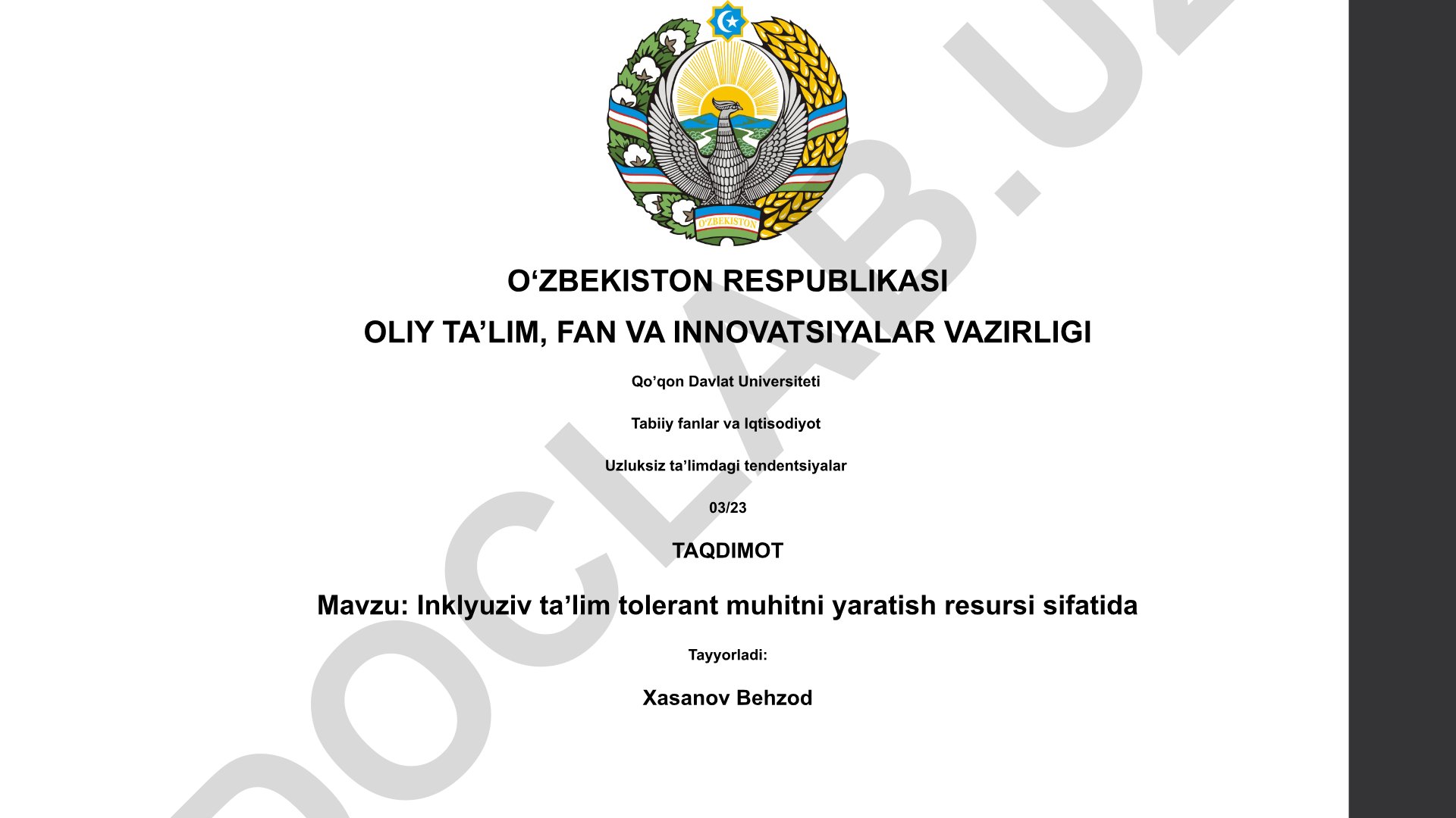 Inklyuziv taʼlim tolerant muhitni yaratish resursi sifatida