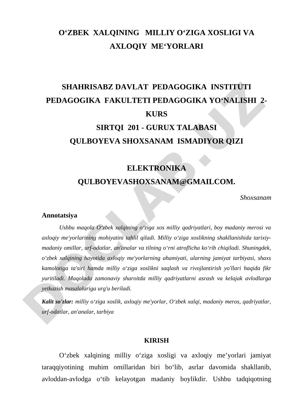 O'zbek xalqining milliy o'ziga xosligi va axloqiy me'yorlari