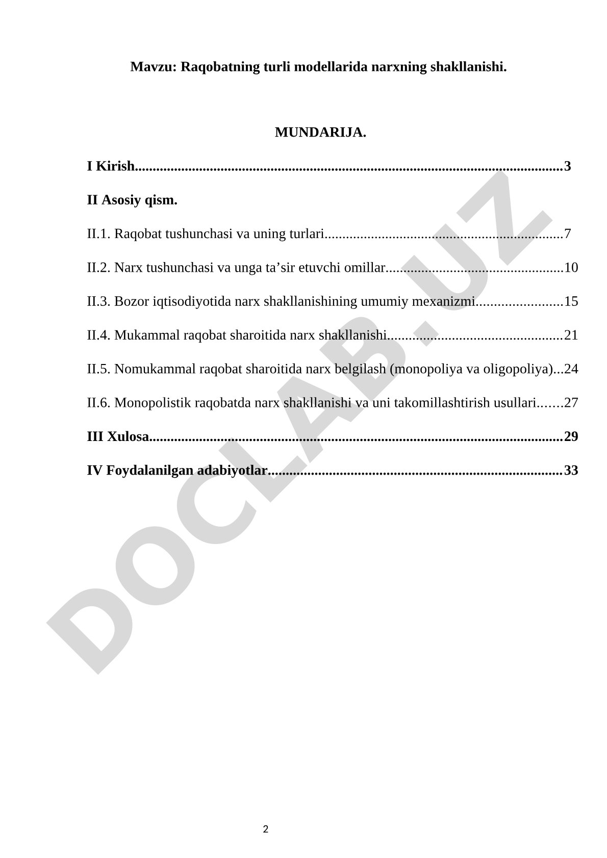 Raqobatning turli modellarida narxning shakllanishi