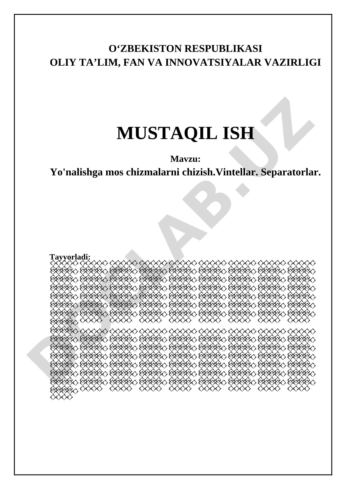 Yo'nalishga mos chizmalarni chizish. Vintellar. Separatorlar.