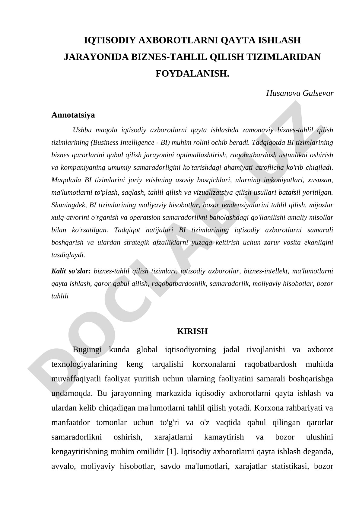 Iqtisodiy axborotlarni qayta ishlash jarayonida biznes-tahlil qilish tizimlaridan foydalanish