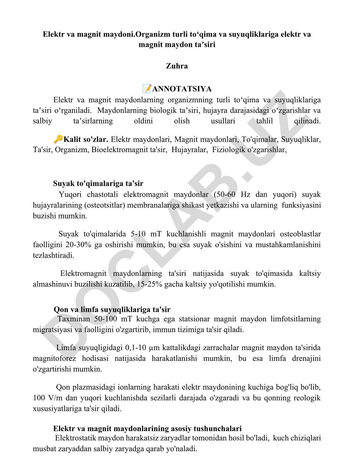 Elektr va magnit maydonlarning organizm to'qima va suyuqliklariga ta'siri