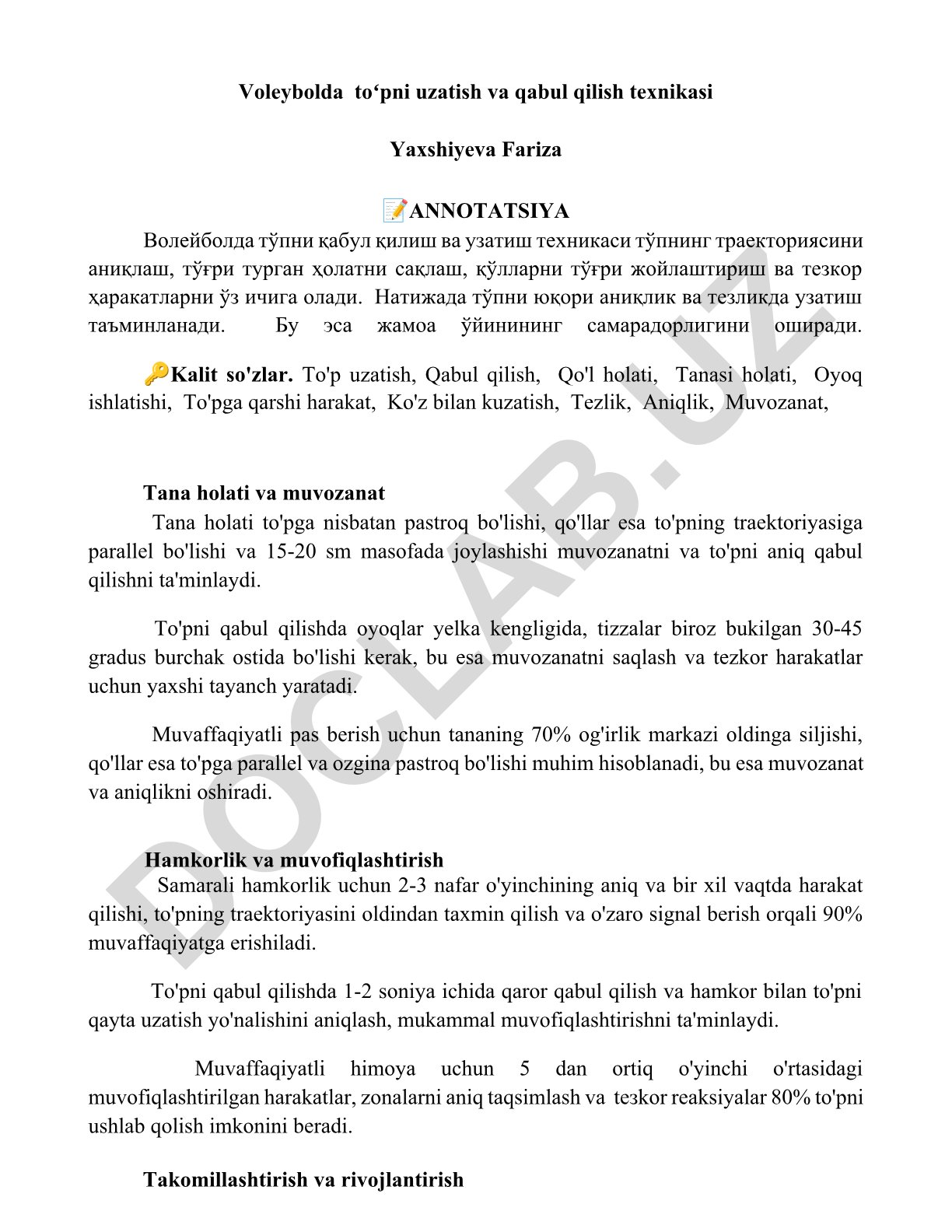 Voleybolda toʻpni uzatish va qabul qilish texnikasi