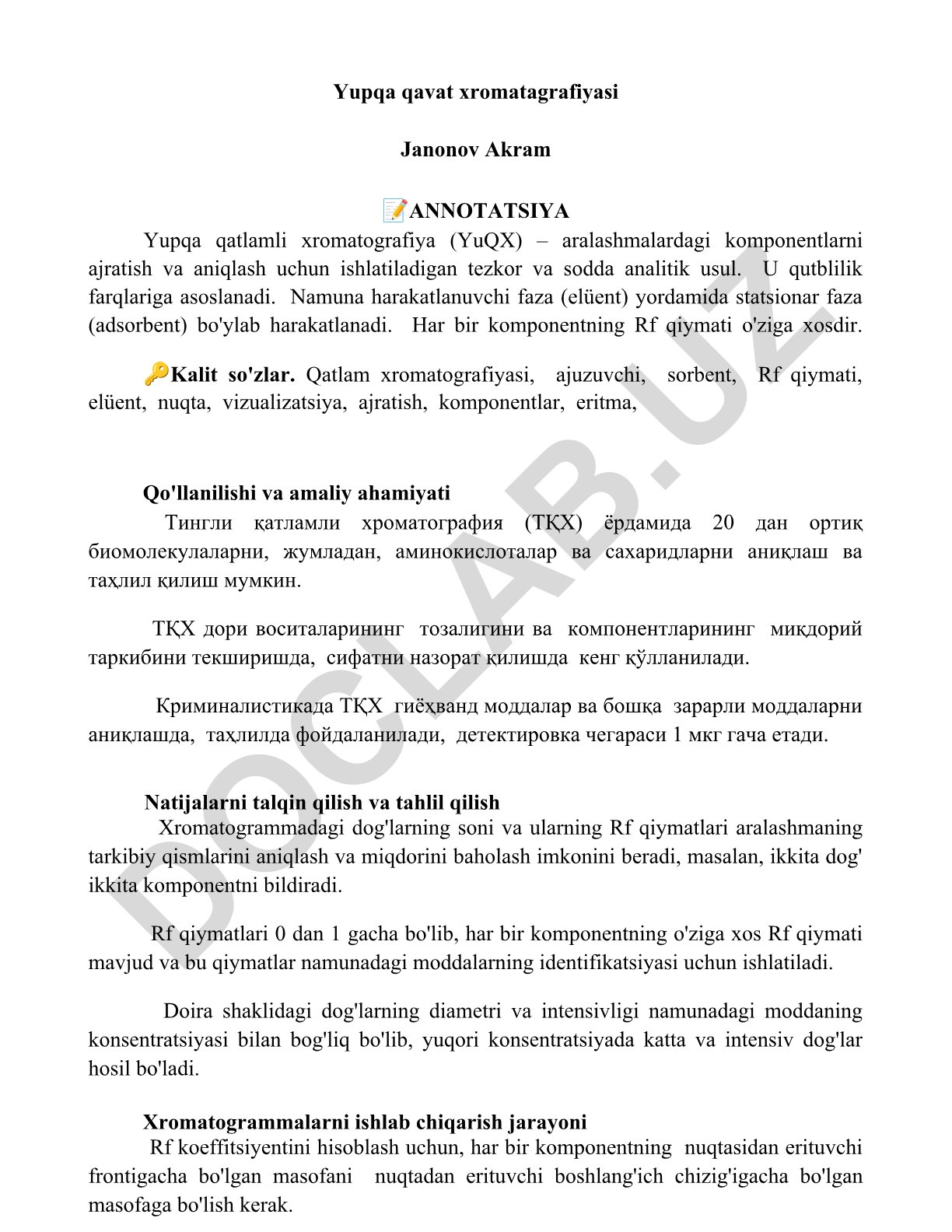 Yupqa qatlamli xromatografiya: asoslari, qo'llanilishi va amaliy ahamiyati