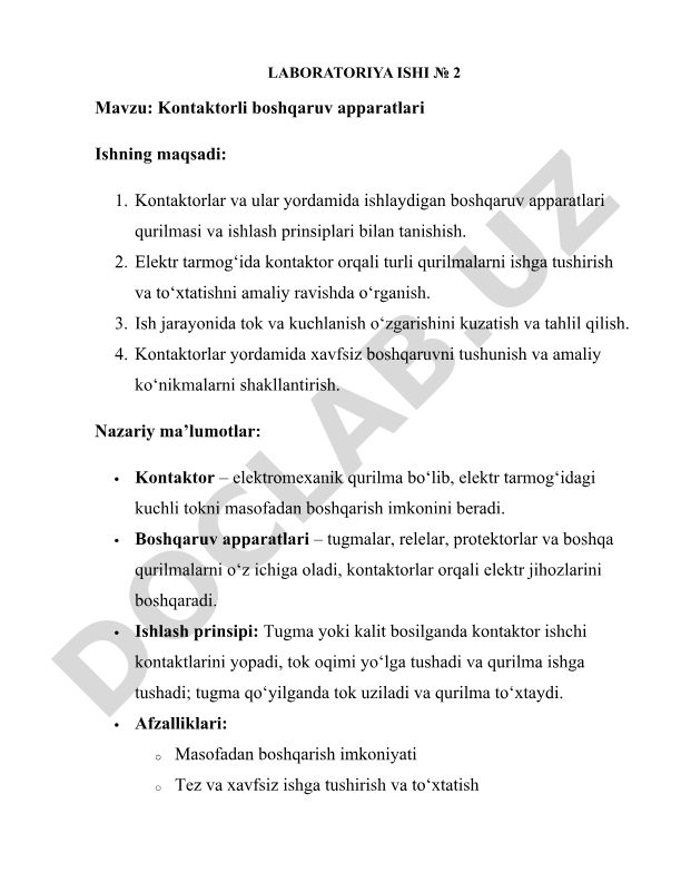 Kontaktorli boshqaruv apparatlari