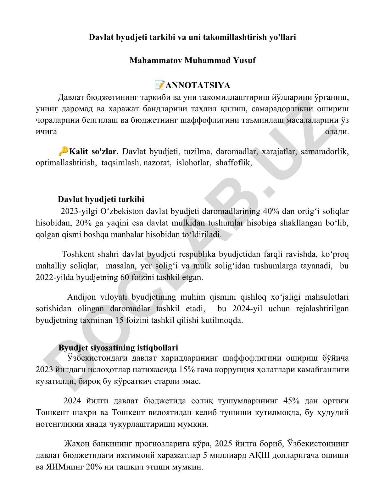 Davlat byudjeti tarkibi va uni takomillashtirish yo'llari