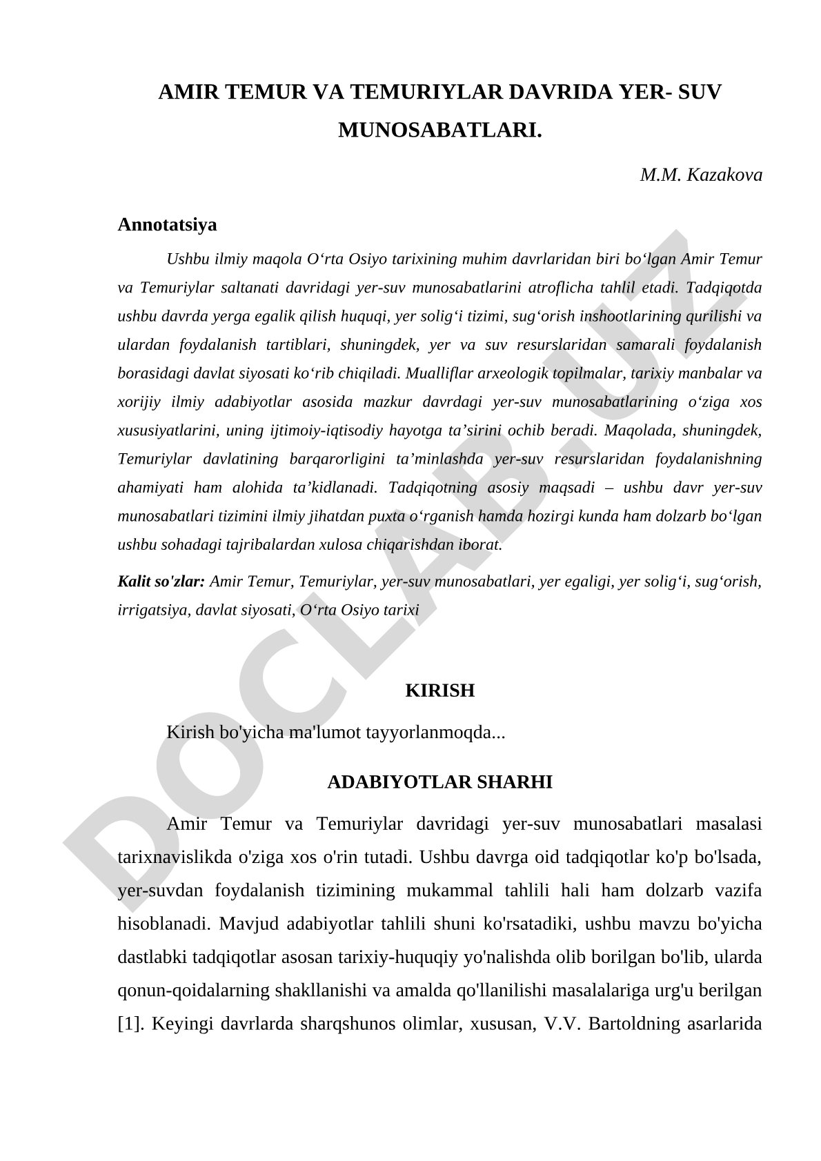 Amir Temur va Temuriylar davrida yer-suv munosabatlari
