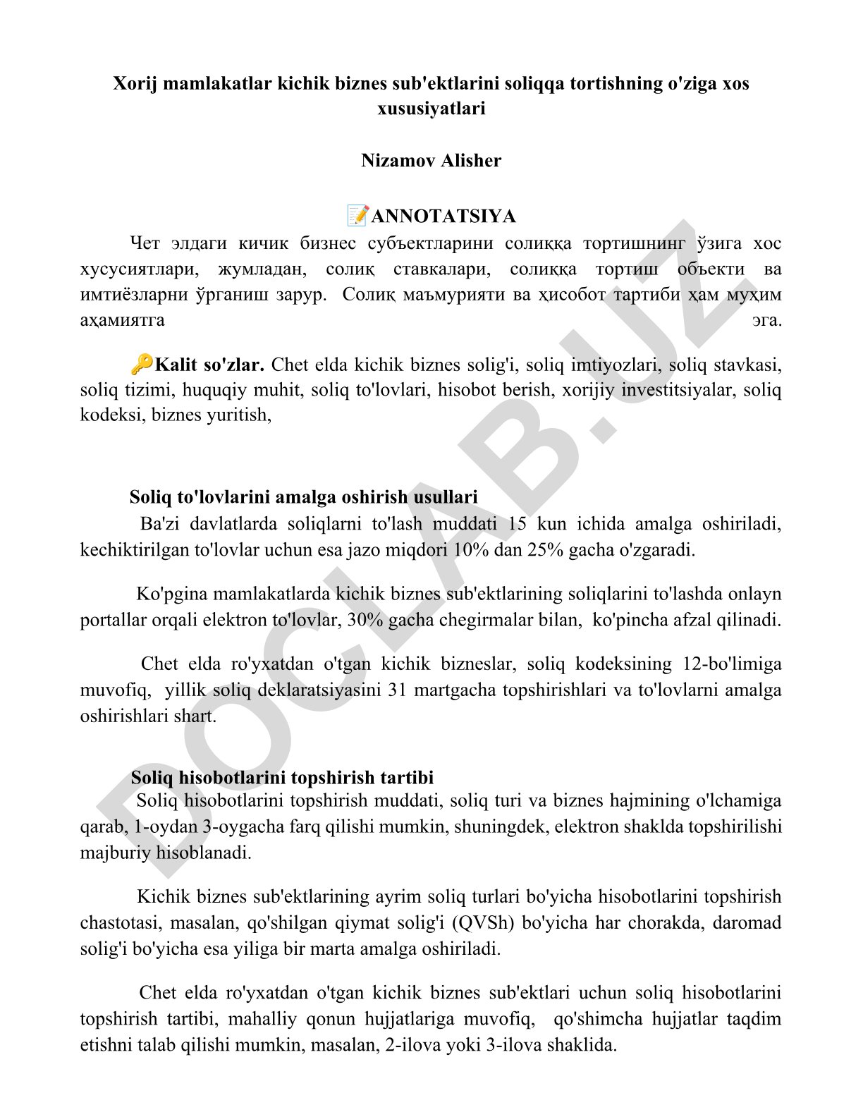 Xorij mamlakatlar kichik biznes sub'ektlarini soliqqa tortishning o'ziga xos xususiyatlari