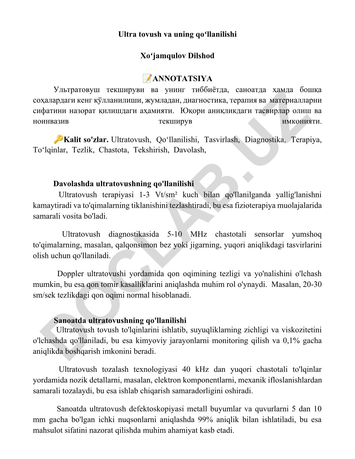 Ultra tovush va uning qoʻllanilishi