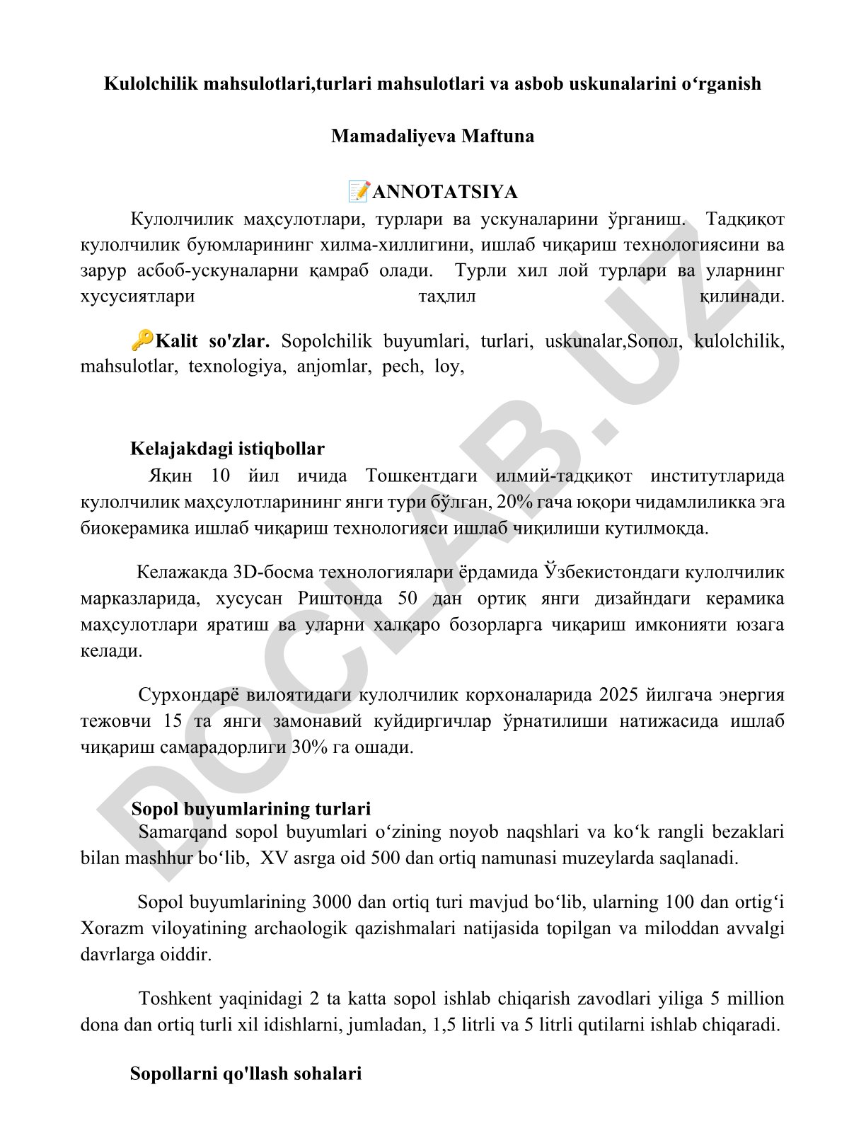 Kulolchilik mahsulotlari, turlari va asbob uskunalarini oʻrganish