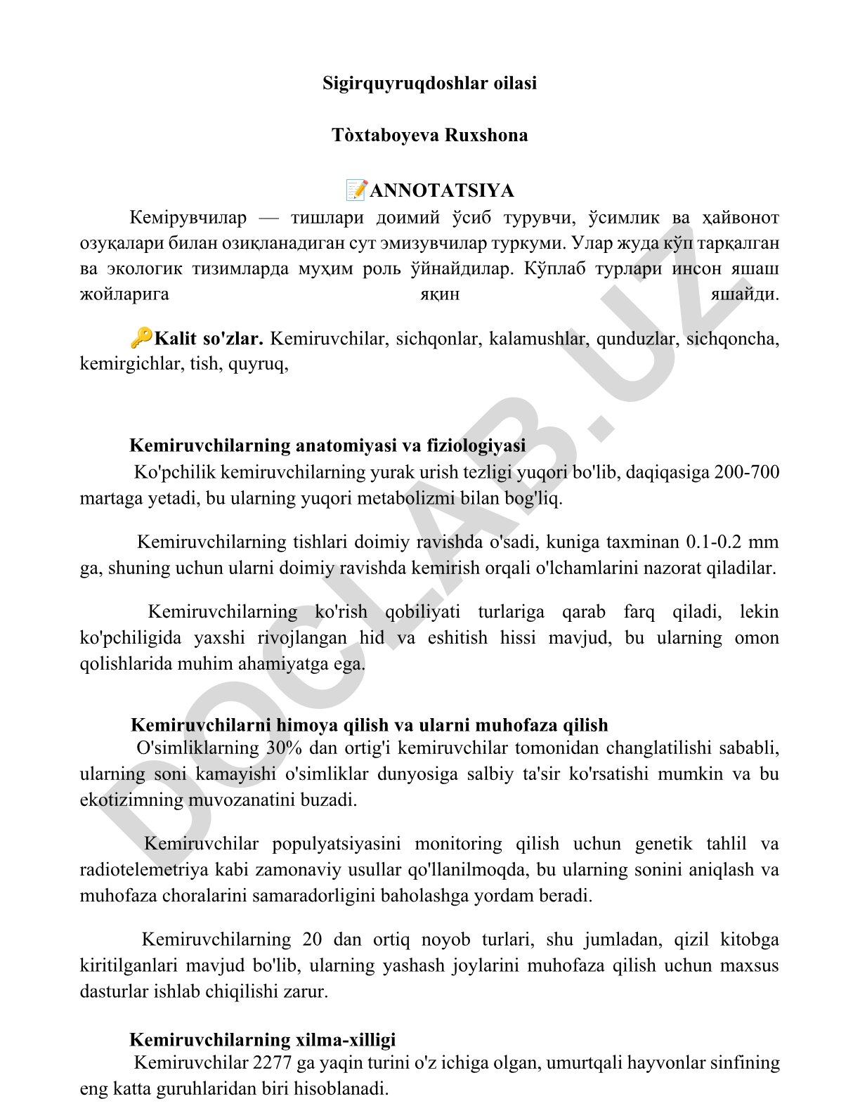 Kemiruvchilar oilasi: anatomiyasi, fiziologiyasi va ekologik ahamiyati