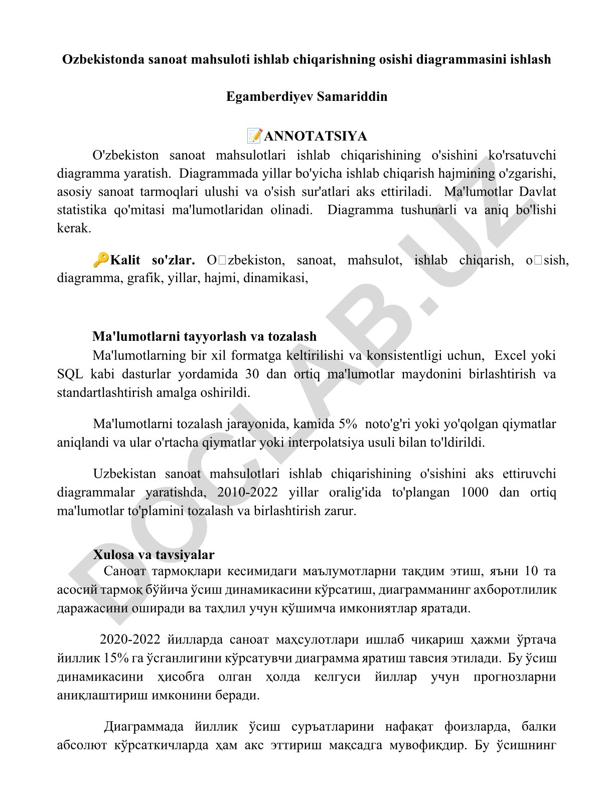 O'zbekistonda sanoat mahsuloti ishlab chiqarishning o'sishi diagrammasi