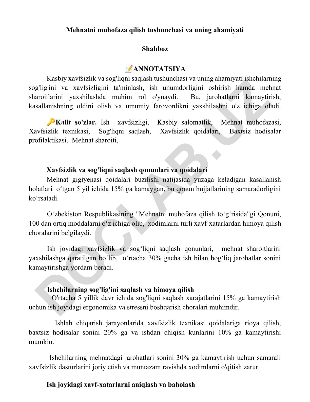 Mehnatni muhofaza qilish tushunchasi va uning ahamiyati