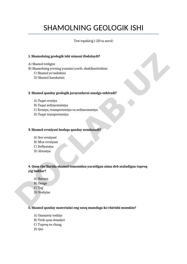 Shamolning geologik ishi test topshirig'i