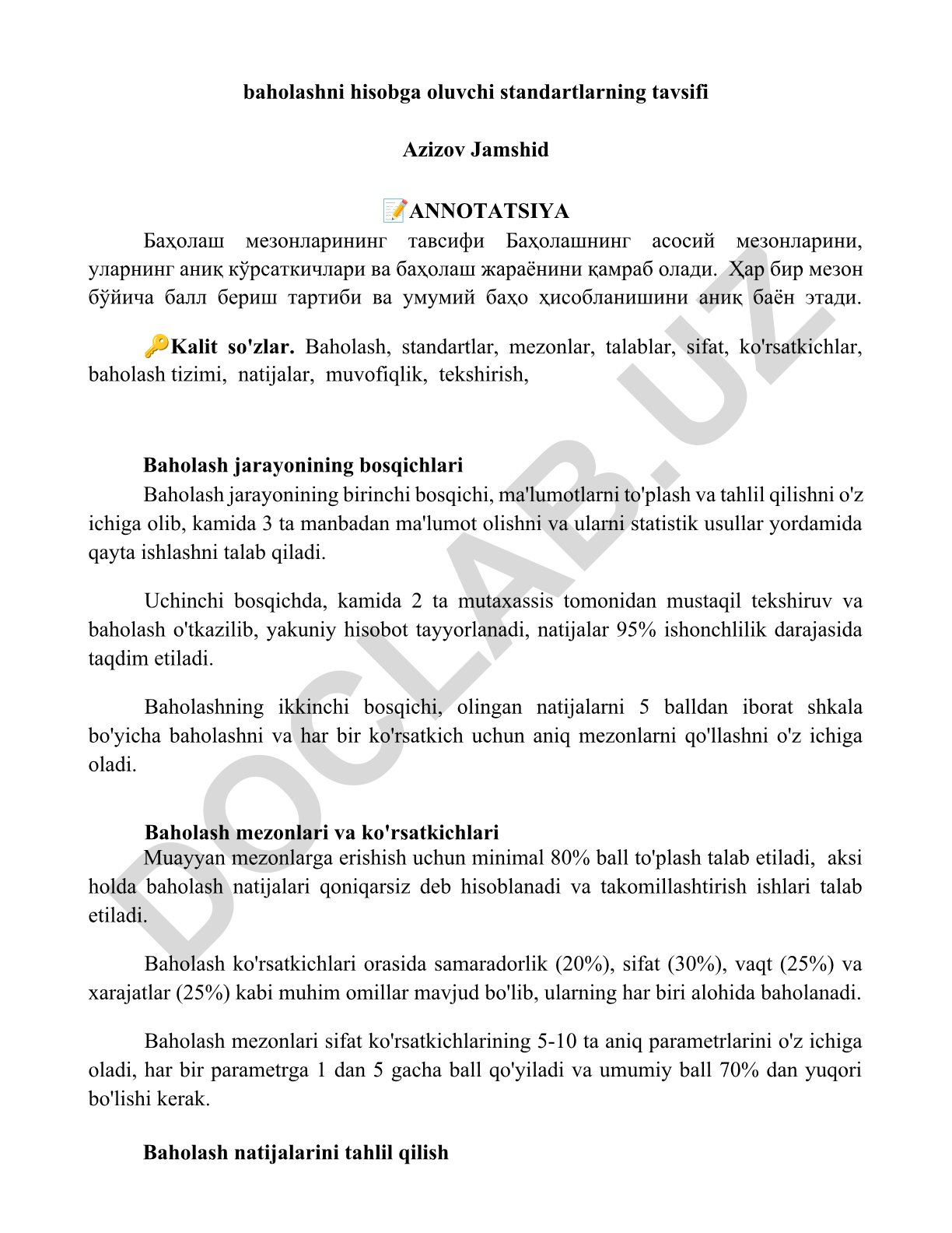 Baholash mezonlari va standartlari tavsifi