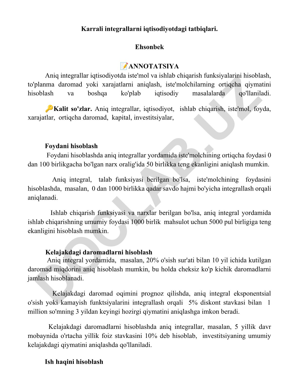 Karrali integrallarni iqtisodiyotdagi tatbiqlari