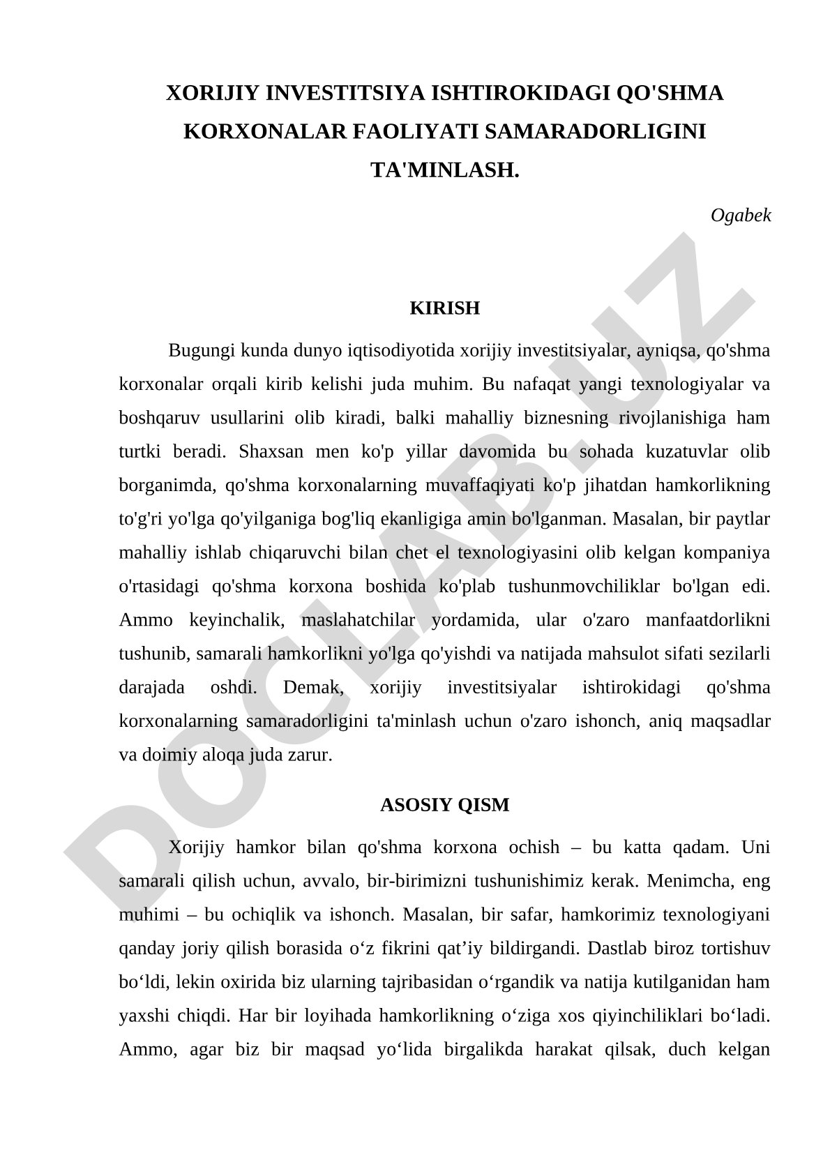 Xorijiy investitsiya ishtirokidagi qo'shma korxonalar faoliyati samaradorligini ta'minlash