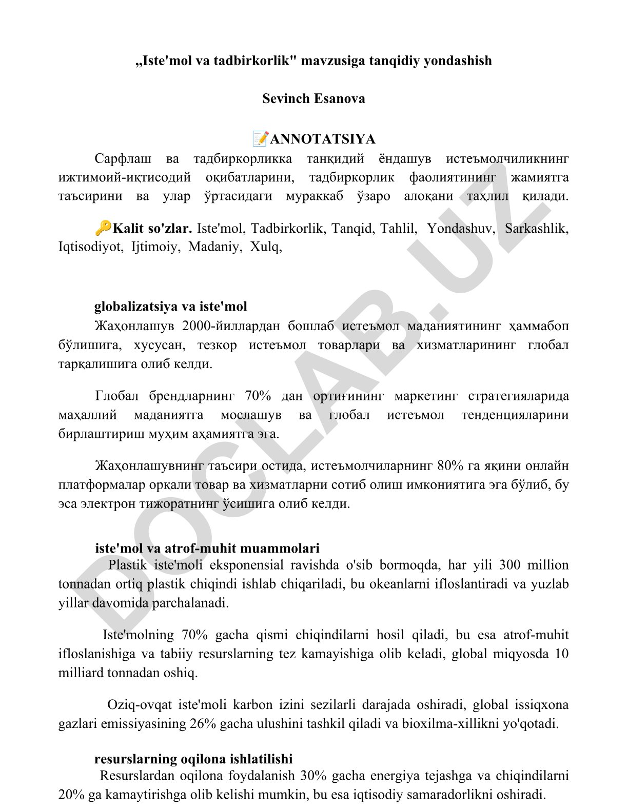 Iste'mol va tadbirkorlik mavzusiga tanqidiy yondashuv